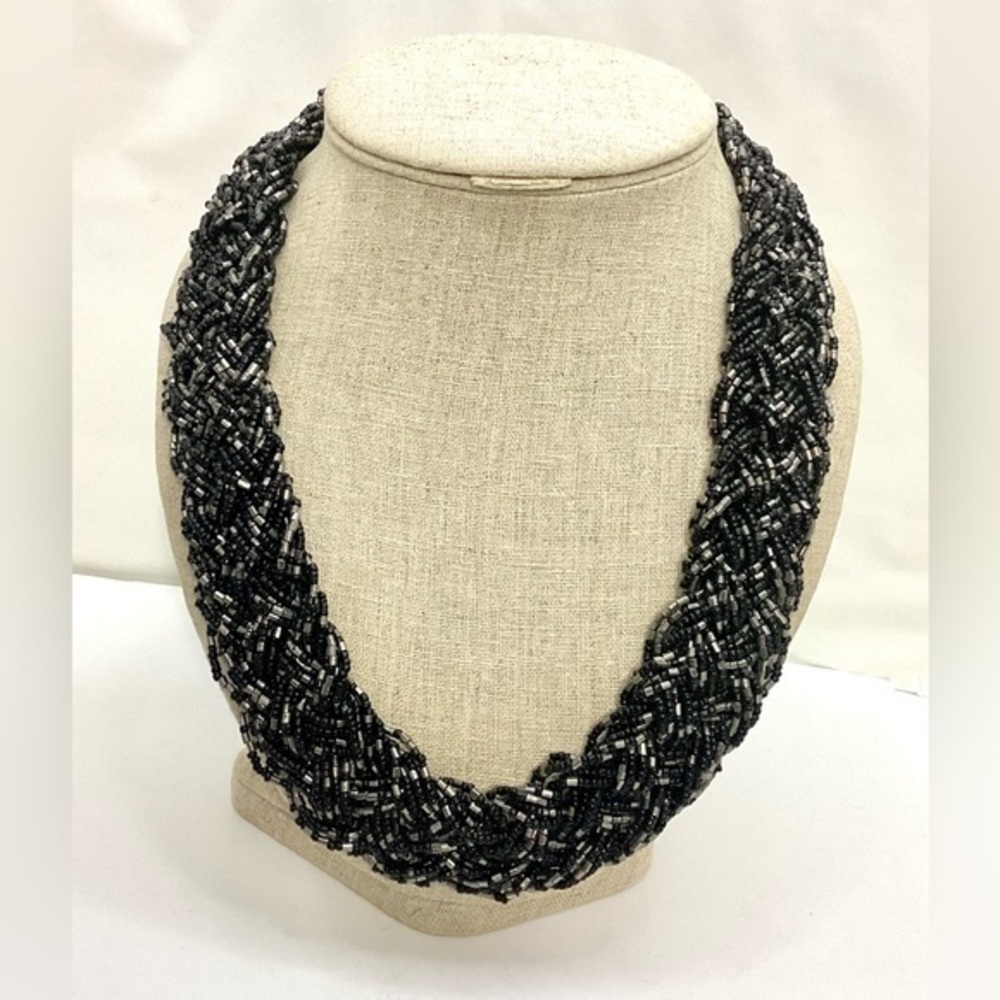 Braided Glass Seeds Necklace Black and Silver 24”